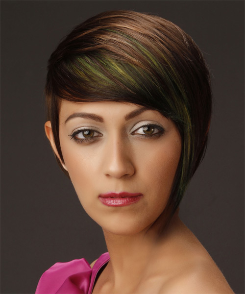 Asymmetrical Brunette Swept-Over Haircut With Green Highlights