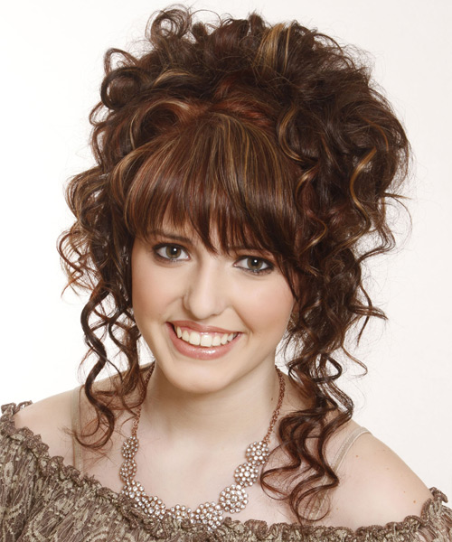 Long Curly    Chestnut Brunette  Updo Hairstyle with Layered Bangs  and Light Brunette Highlights