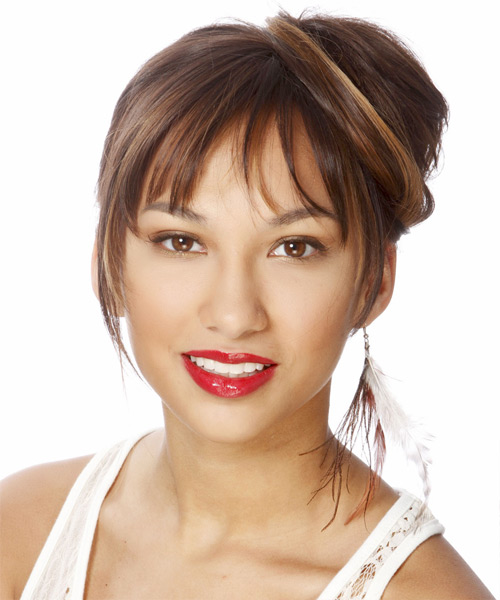 Elegant Chocolate Brown Updo With Blunt Cut Bangs And Dark Blonde Highlights