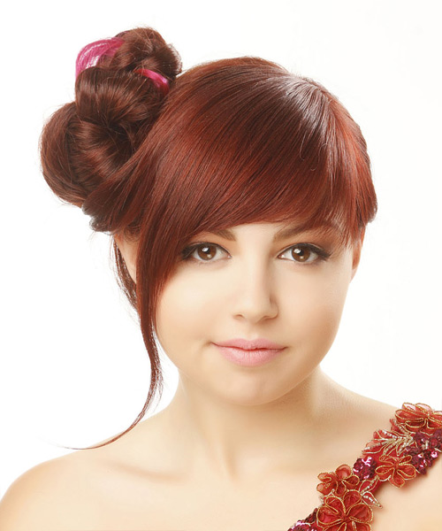 Red Upstyle With Bangs And Side Bun