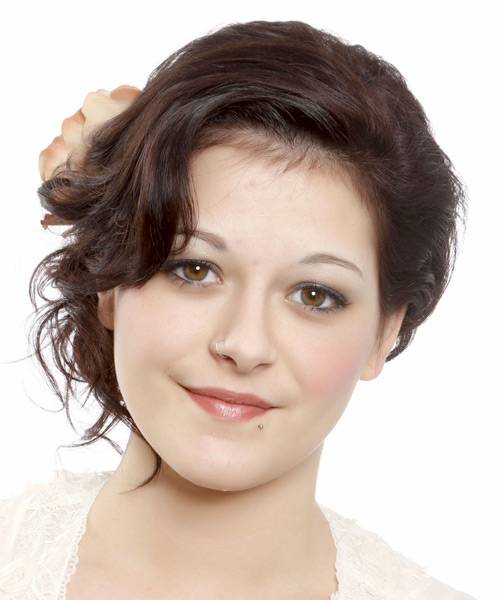 Classic Mocha Updo Hairstyle With Side Swept Bangs