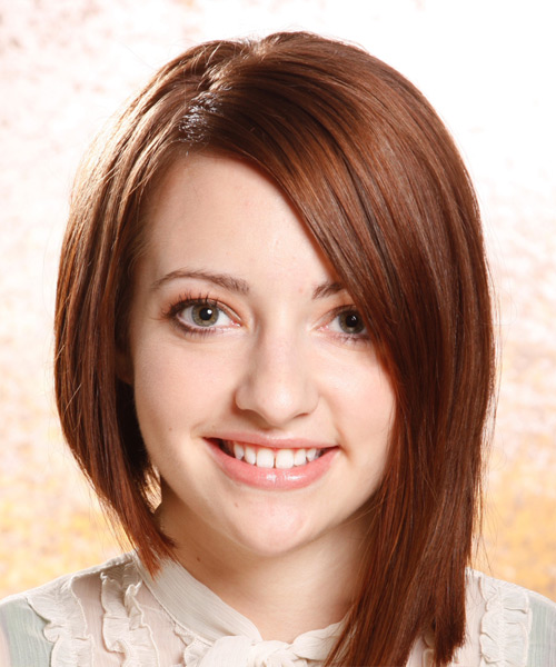 Straight Mid-Length Auburn Brunette Asymmetrical Bob Haircut