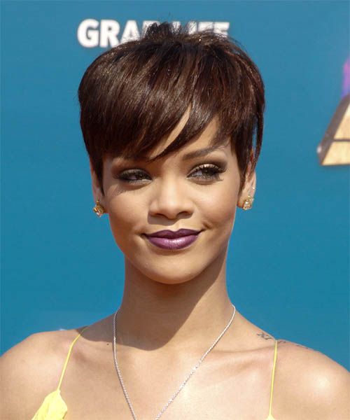 Rihanna Short Crop Hairstyle with Side Swept Bangs