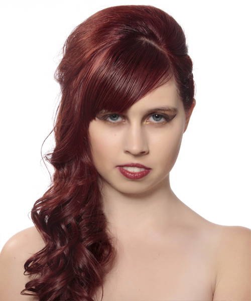 Long Fiery Red Braided Updo With Side Swept Bangs