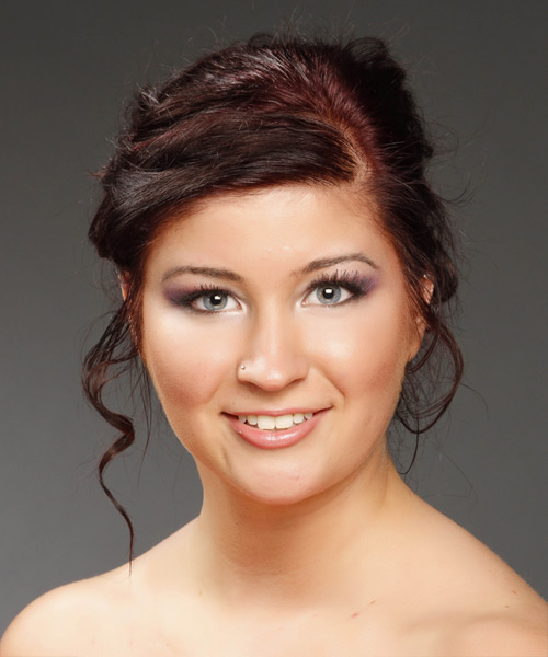 Burgundy Updo Hairstyle With Twists And Bangs