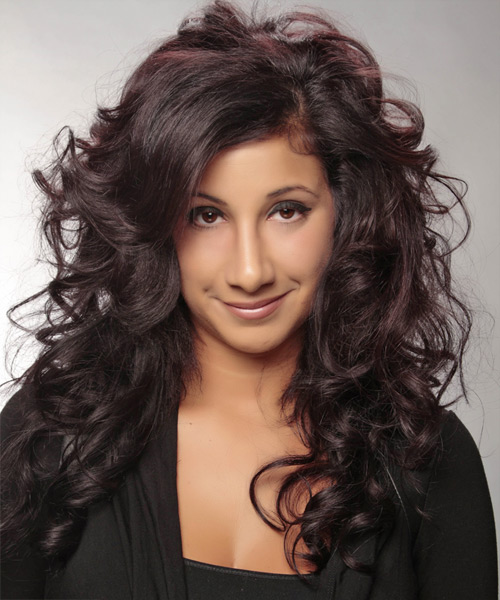 Long Dark Burgundy Brunette Waves With Side Swept Bangs