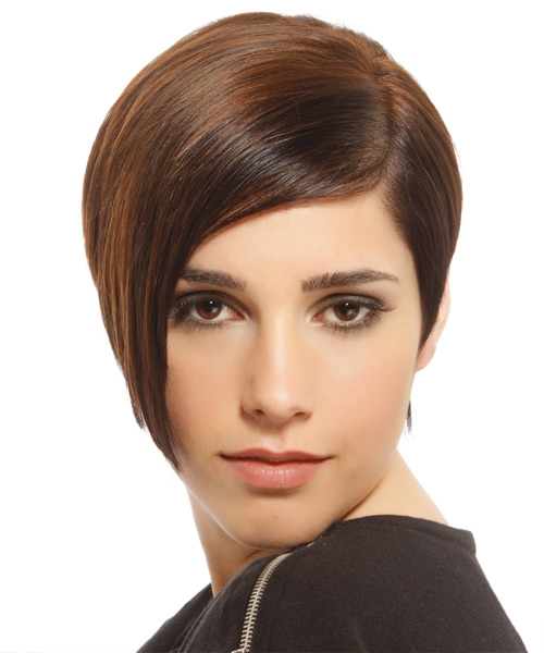 Short Brunette Asymmetrical Haircut With Light Brunette Highlights