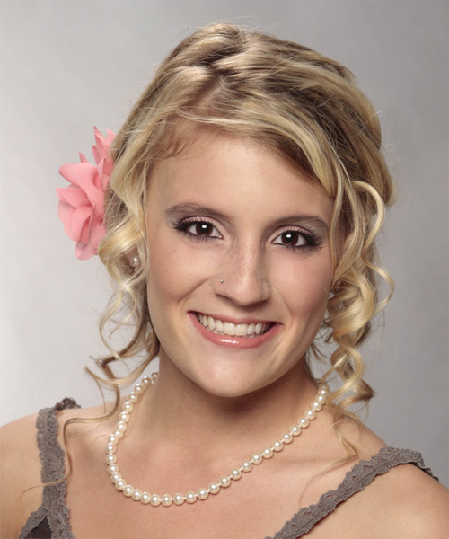 Curly Highlighted Updo With Flower Pin