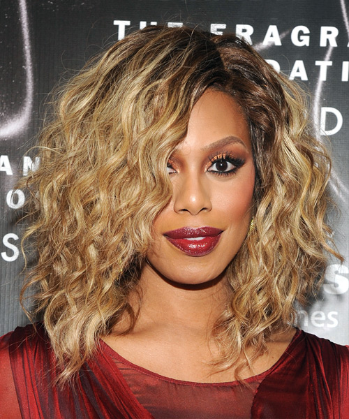 Laverne Cox Medium Curly Layered   Golden Blonde Bob  Haircut