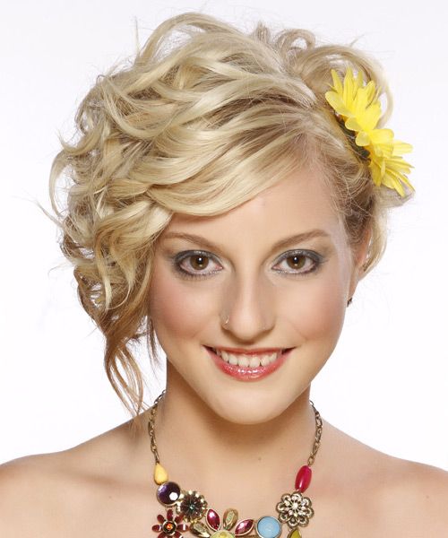 Medium Curly   Light Golden Blonde  Updo Hairstyle   with Light Blonde Highlights