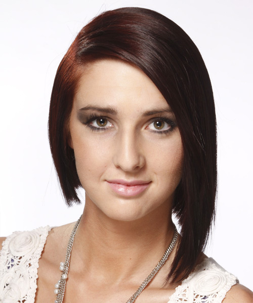 Straight Mocha Shoulder-Length Asymmetrical Bob Haircut