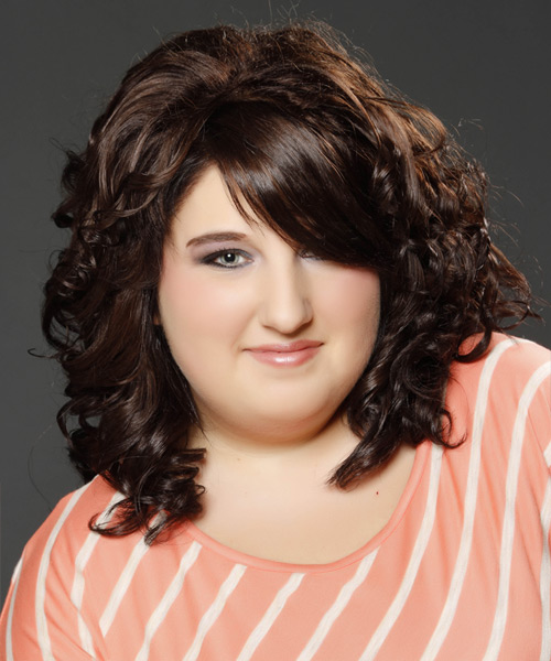 Mid-Length Mocha Hairstyle With Curtain Bangs And Tight Curls