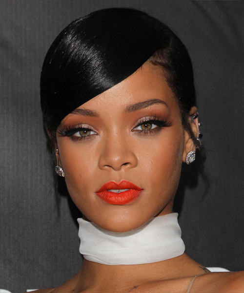 Rihanna Long Straight Black Updo - Hair Color suitable for Warm Skin Tones